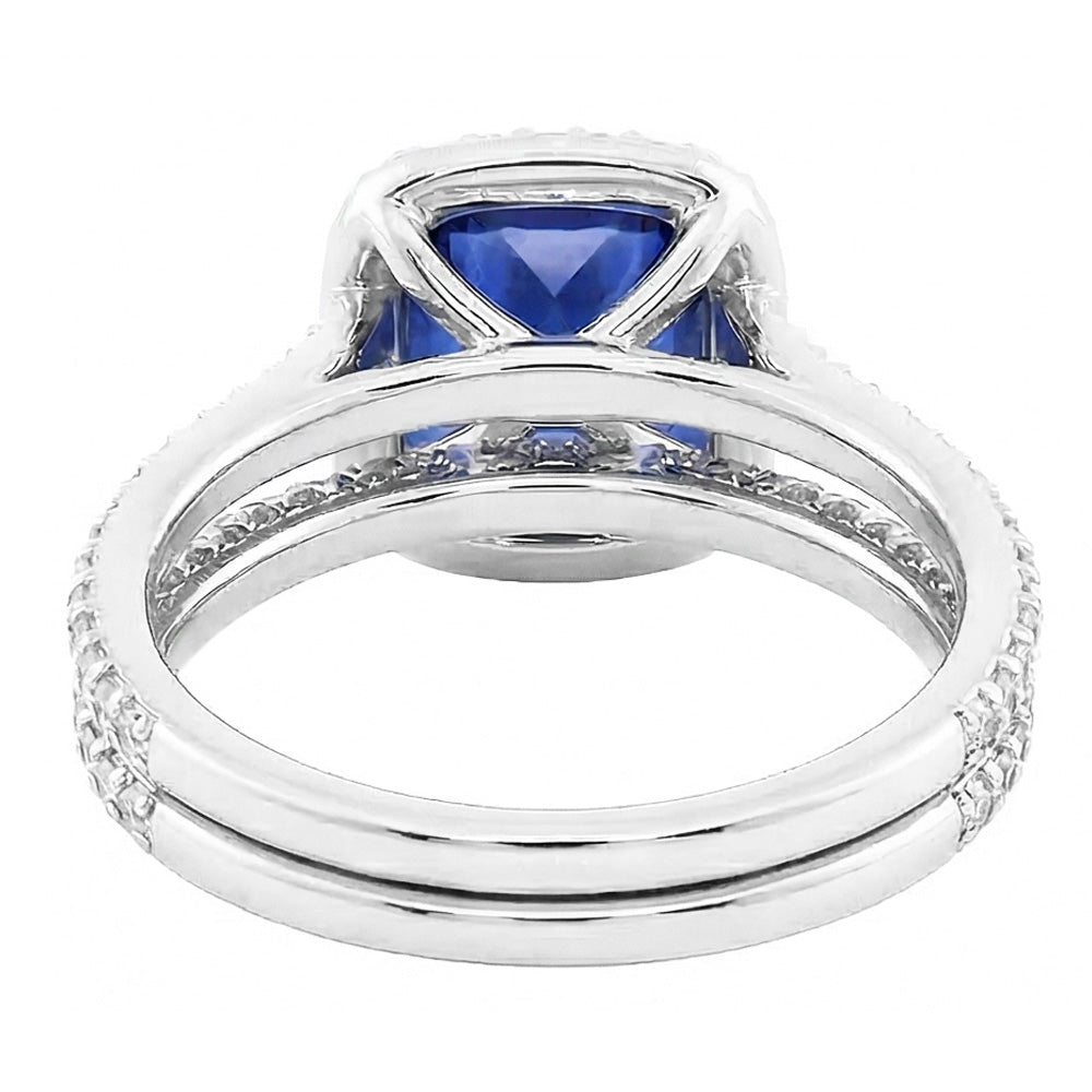 Halo Cushion Sapphire Natural Earth Mined Diamond Engagement Ring Set 4.50 Carats