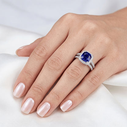 Halo Cushion Sapphire Natural Earth Mined Diamond Engagement Ring Set 4.50 Carats