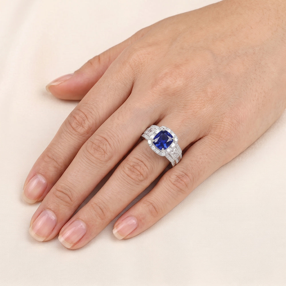Halo Cushion Sapphire Natural Earth Mined Diamond Ring White Gold Jewelry 3.50 Carats