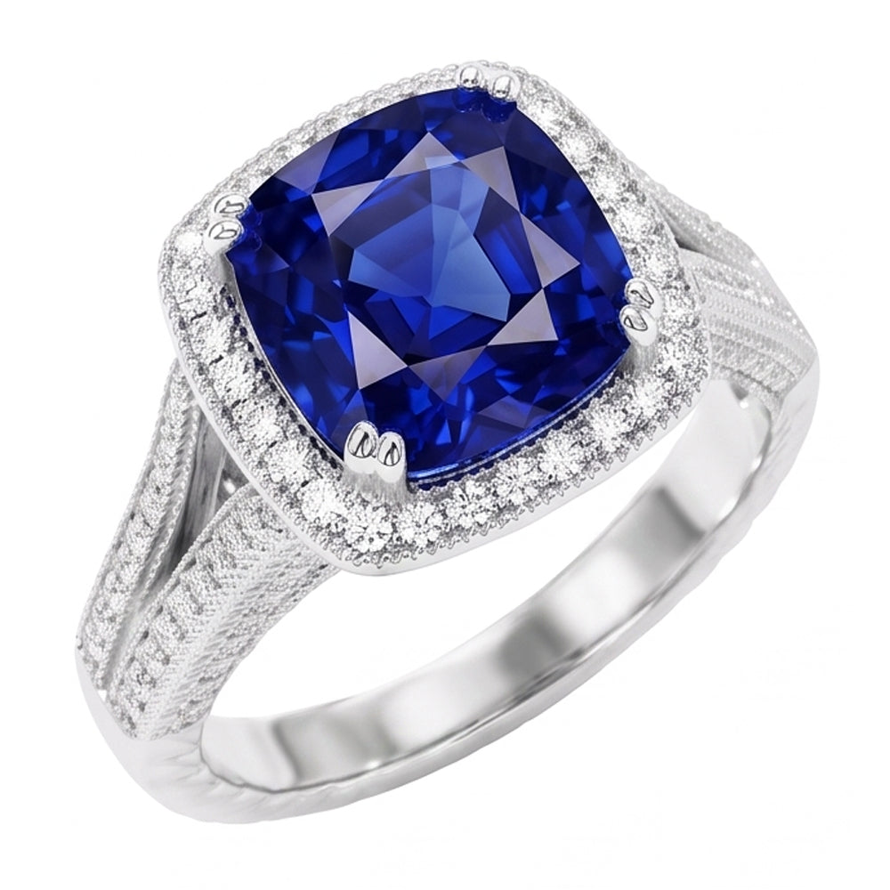 Halo Cushion Sapphire Ring 3.50 Carats Milgrain Split Shank Natural Earth Mined Diamonds