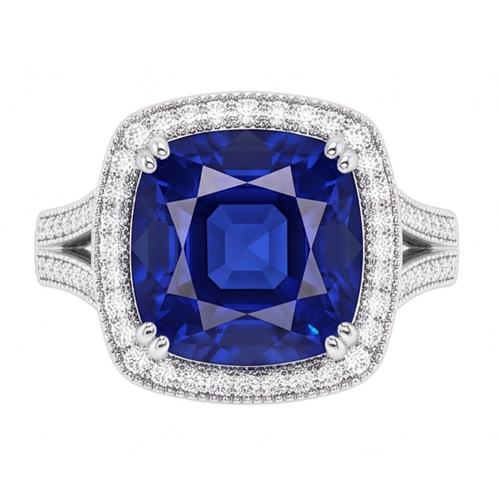 Halo Cushion Sapphire Ring 3.50 Carats Milgrain Split Shank Natural Earth Mined Diamonds