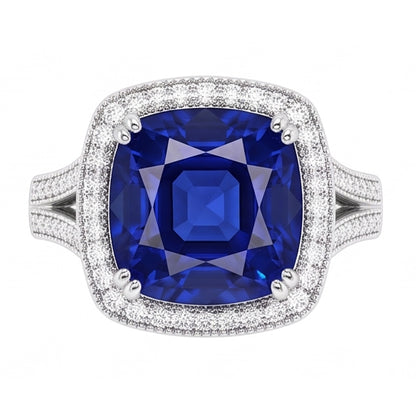 Halo Cushion Sapphire Ring 3.50 Carats Milgrain Split Shank Natural Earth Mined Diamonds