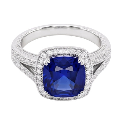 Halo Cushion Sapphire Ring 3.50 Carats Milgrain Split Shank Natural Earth Mined Diamonds