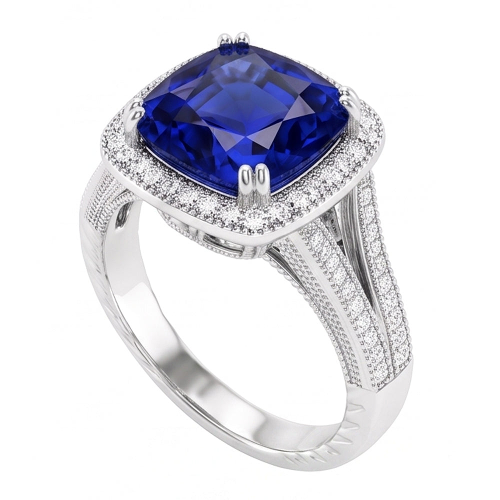 Halo Cushion Sapphire Ring 3.50 Carats Milgrain Split Shank Natural Earth Mined Diamonds