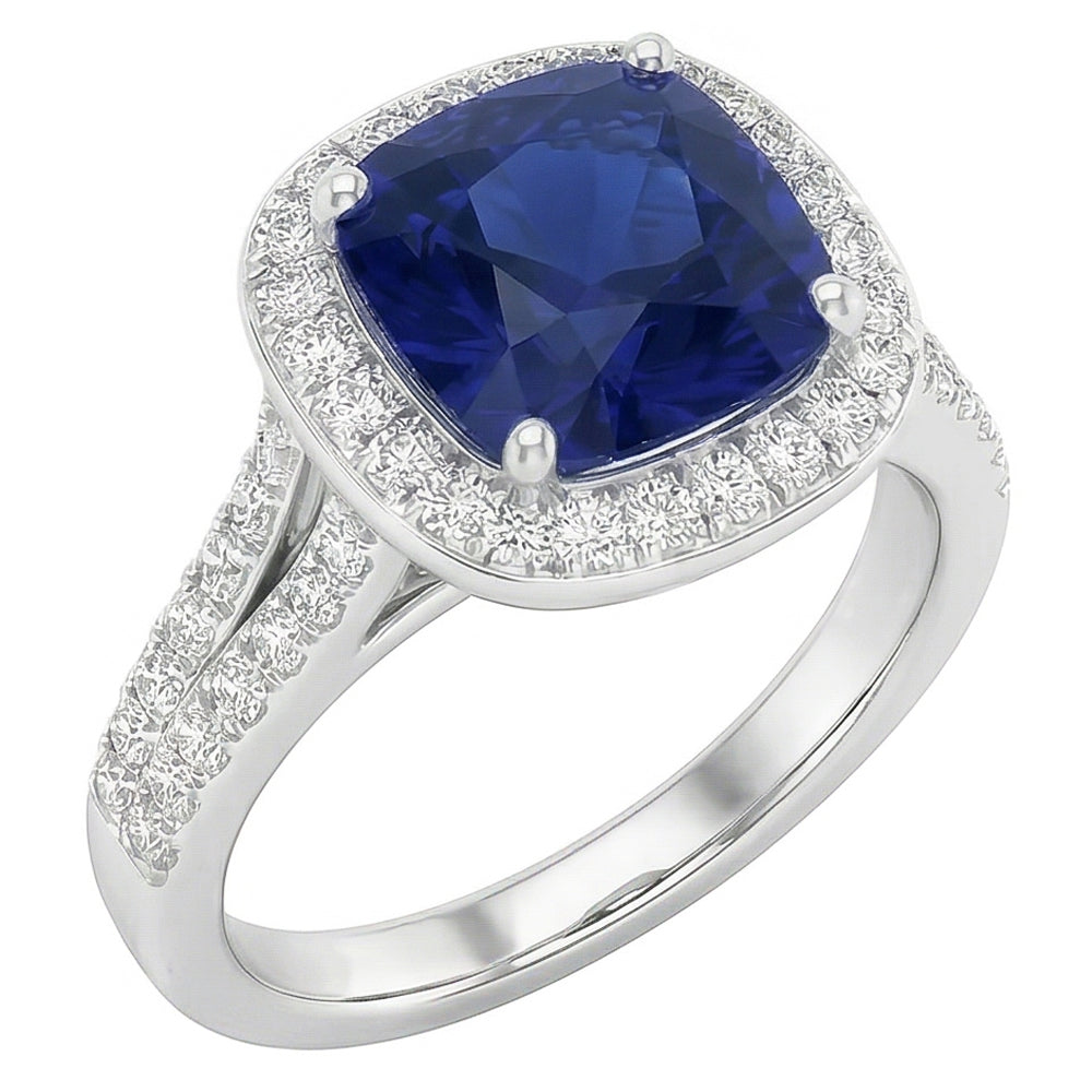 Halo Cushion Sapphire Ring White Gold 14K Natural Earth Mined Diamond Jewelry 4.50 Carats