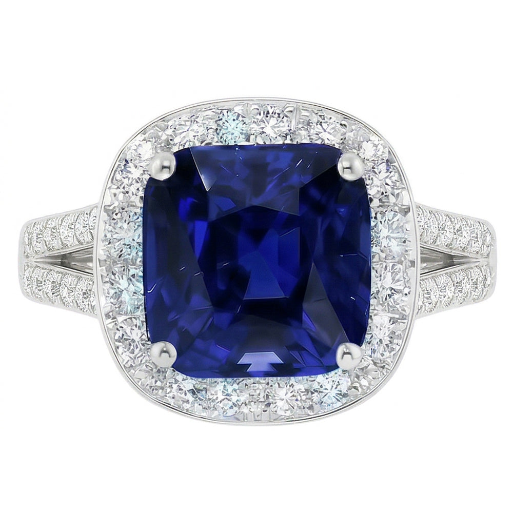 Halo Cushion Sapphire Ring White Gold 14K Natural Earth Mined Diamond Jewelry 4.50 Carats