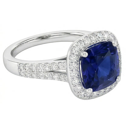 Halo Cushion Sapphire Ring White Gold 14K Natural Earth Mined Diamond Jewelry 4.50 Carats