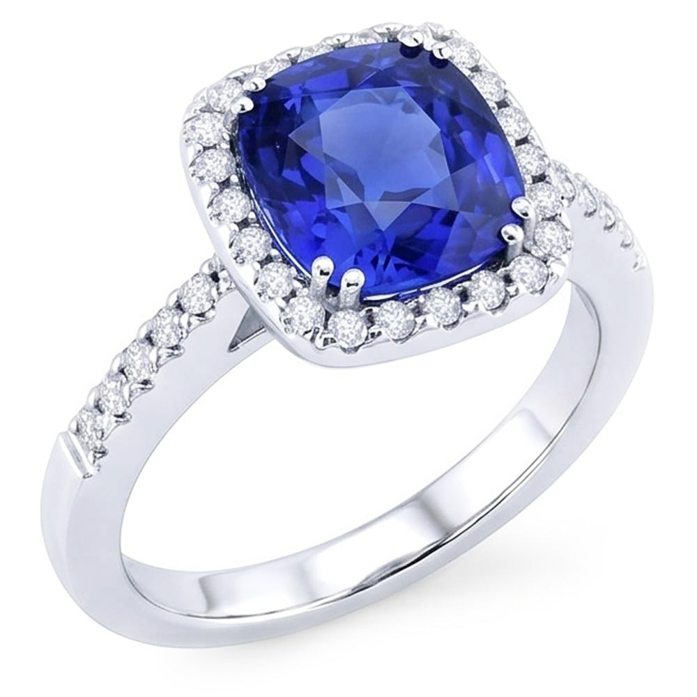 Halo Cushion Sapphire Wedding Ring 4 Carats Natural Earth Mined Diamond Accent Jewelry
