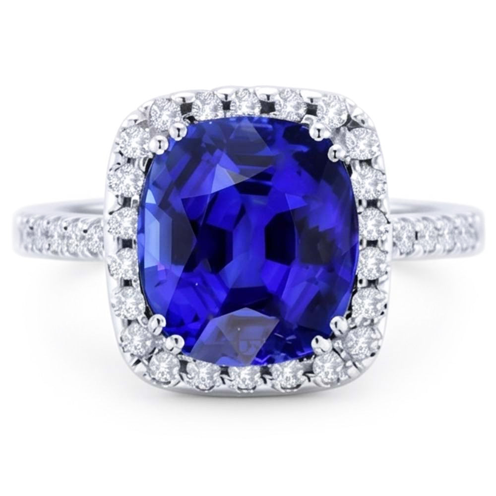 Halo Cushion Sapphire Wedding Ring 4 Carats Natural Earth Mined Diamond Accent Jewelry