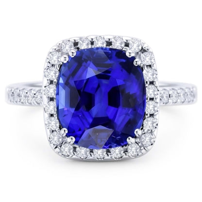 Halo Cushion Sapphire Wedding Ring 4 Carats Natural Earth Mined Diamond Accent Jewelry