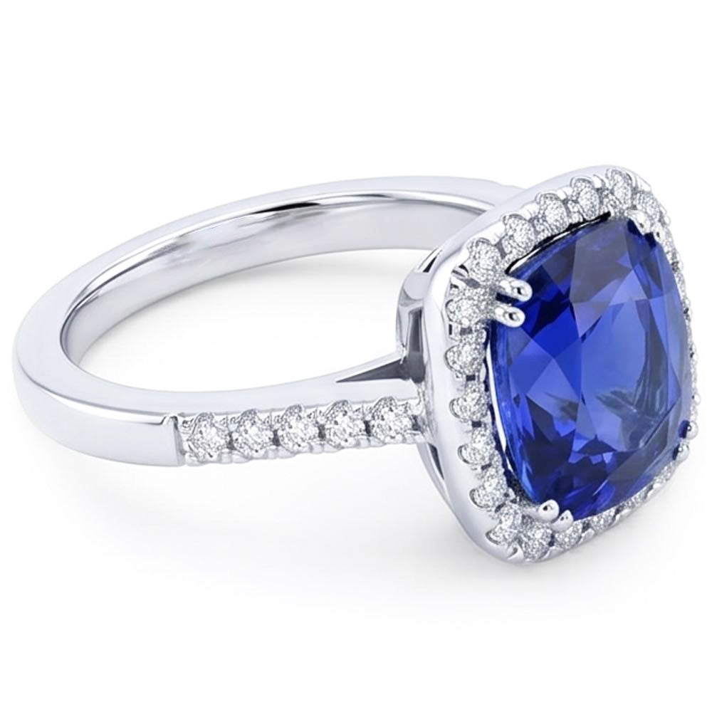 Halo Cushion Sapphire Wedding Ring 4 Carats Natural Earth Mined Diamond Accent Jewelry