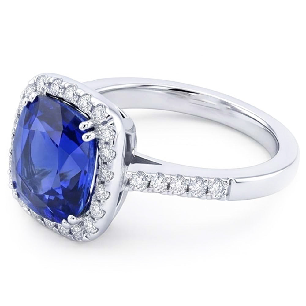 Halo Cushion Sapphire Wedding Ring 4 Carats Natural Earth Mined Diamond Accent Jewelry