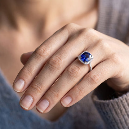 Halo Cushion Sapphire Wedding Ring 4 Carats Natural Earth Mined Diamond Accent Jewelry