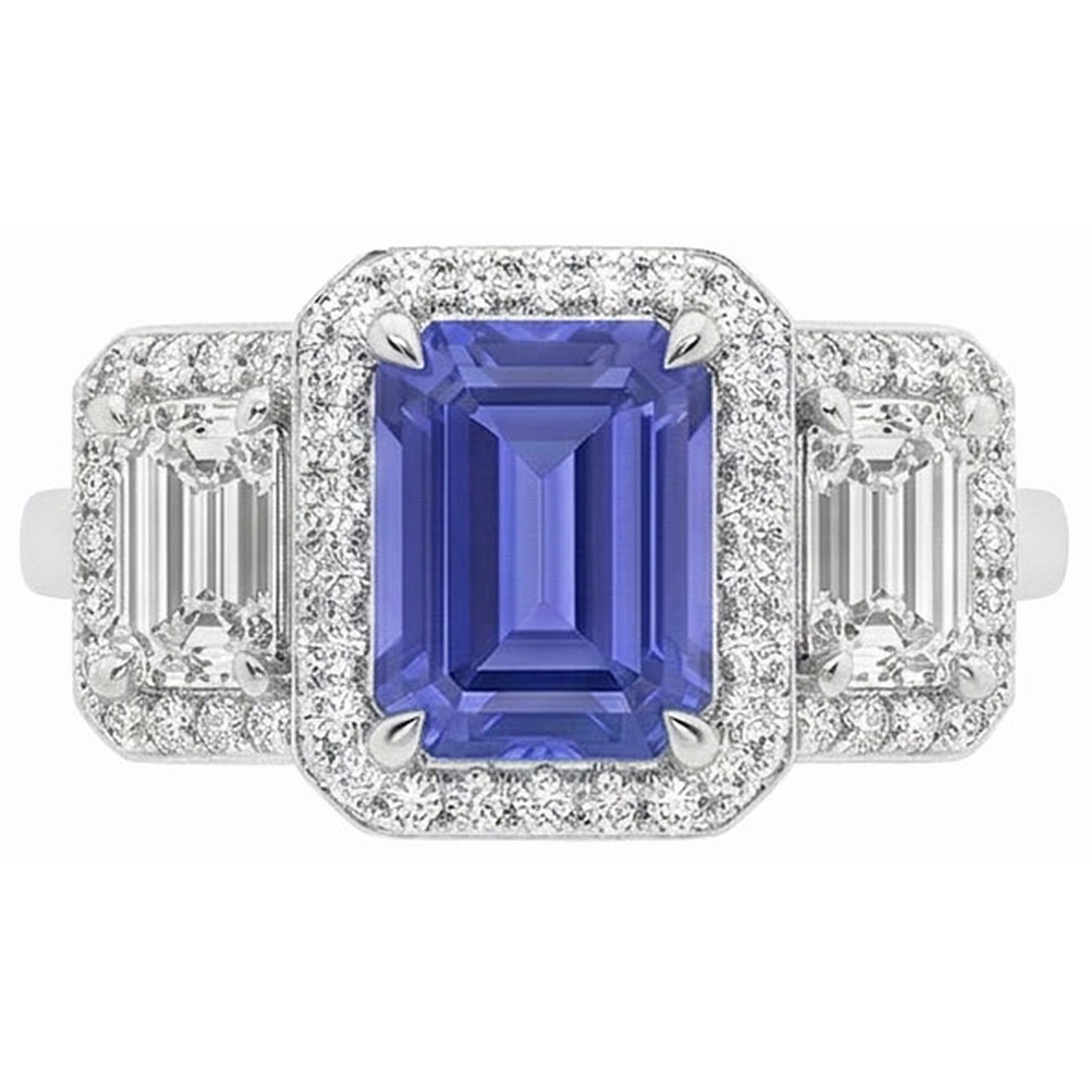 Halo Emerald Blue Sapphire Natural Earth Mined Diamond Ring 3 Stone Style Jewelry 3 Carats