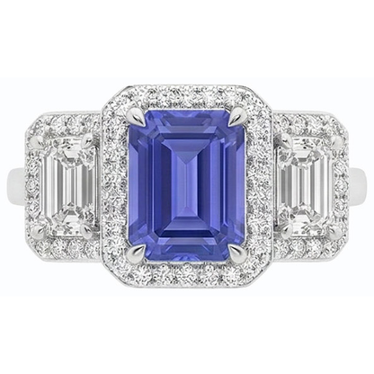 Halo Emerald Blue Sapphire Natural Earth Mined Diamond Ring 3 Stone Style Jewelry 3 Carats