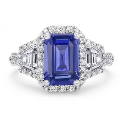 Halo Emerald Blue Sapphire Ring 4.50 Carats Trapezoid & Round Natural Earth Mined Diamonds