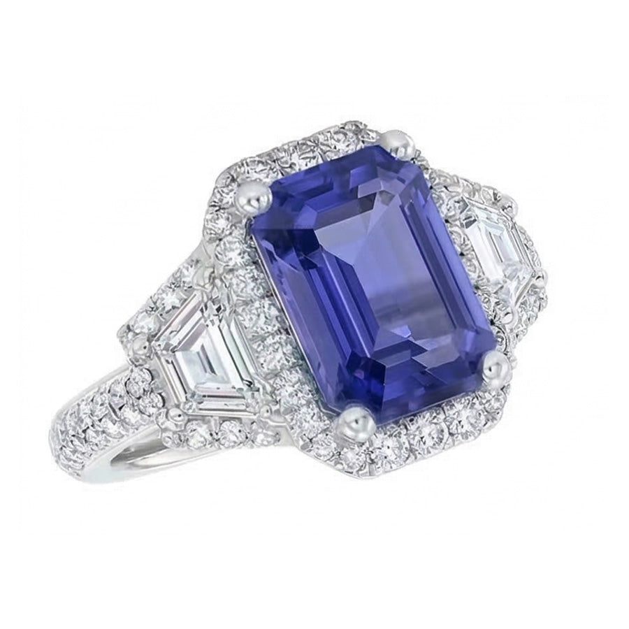 Halo Emerald Blue Sapphire Ring 4.50 Carats Trapezoid & Round Natural Earth Mined Diamonds