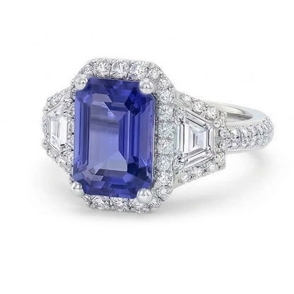 Halo Emerald Blue Sapphire Ring 4.50 Carats Trapezoid & Round Natural Earth Mined Diamonds