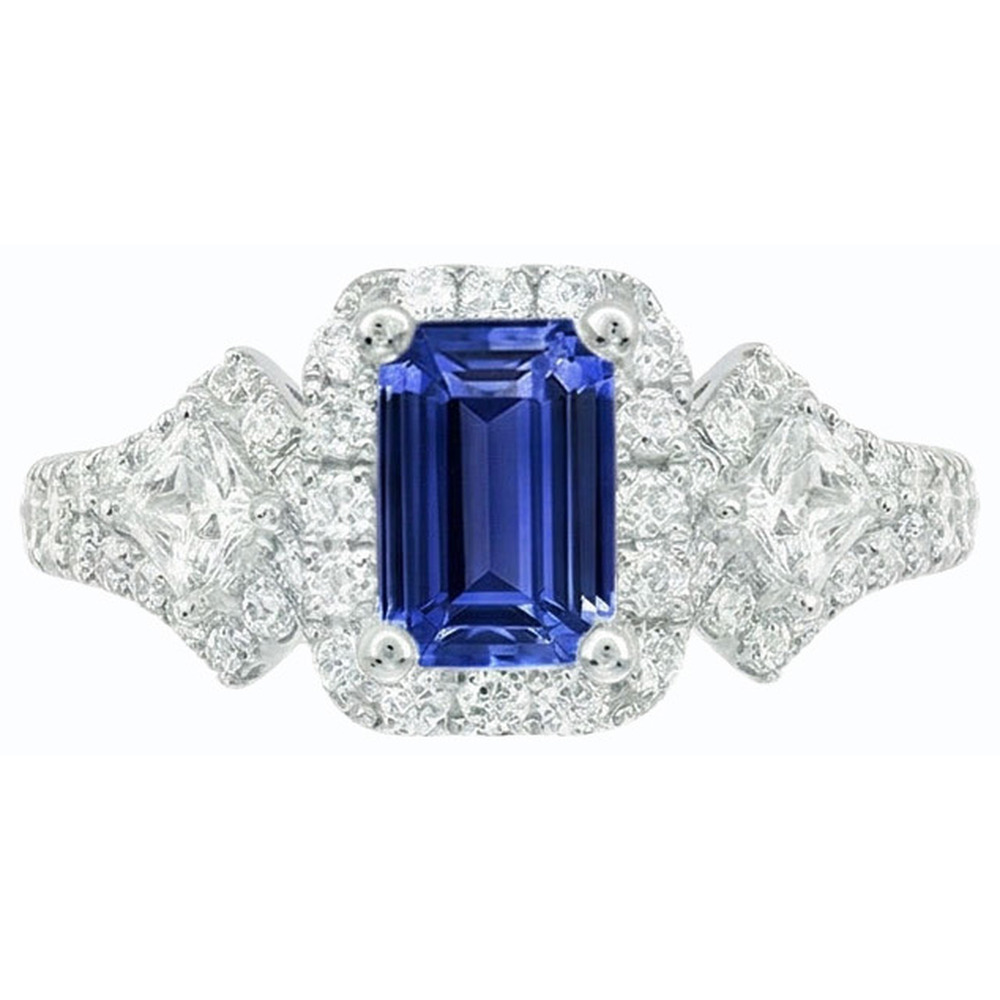 Halo Emerald Blue Sapphire Ring Princess & Round Natural Earth Mined Diamonds 3.50 Carats