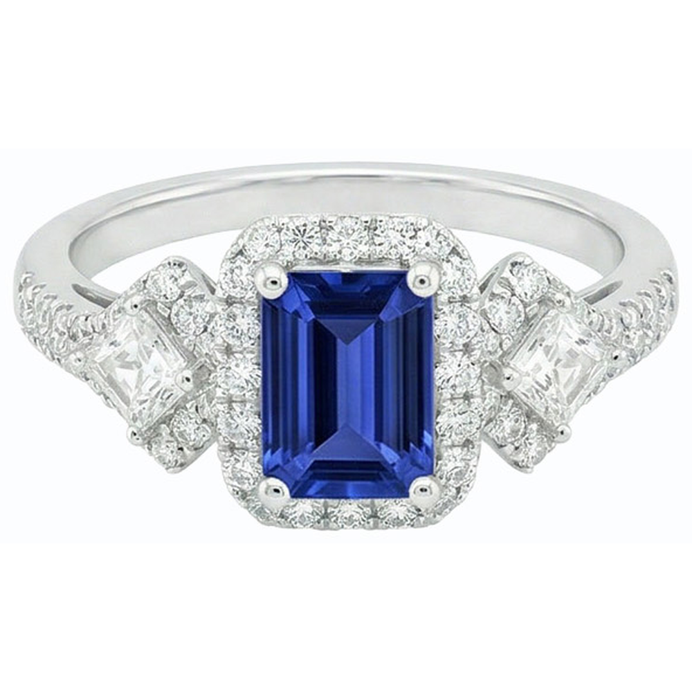 Halo Emerald Blue Sapphire Ring Princess & Round Natural Earth Mined Diamonds 3.50 Carats