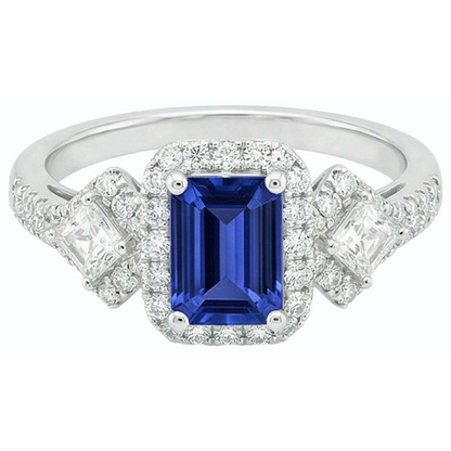 Halo Emerald Blue Sapphire Ring Princess & Round Natural Earth Mined Diamonds 3.50 Carats