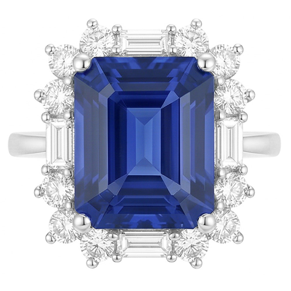 Halo Emerald Blue Sapphire Ring Round & Baguette Natural Earth Mined Diamonds 3.50 Carats