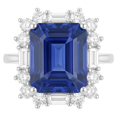 Halo Emerald Blue Sapphire Ring Round & Baguette Natural Earth Mined Diamonds 3.50 Carats