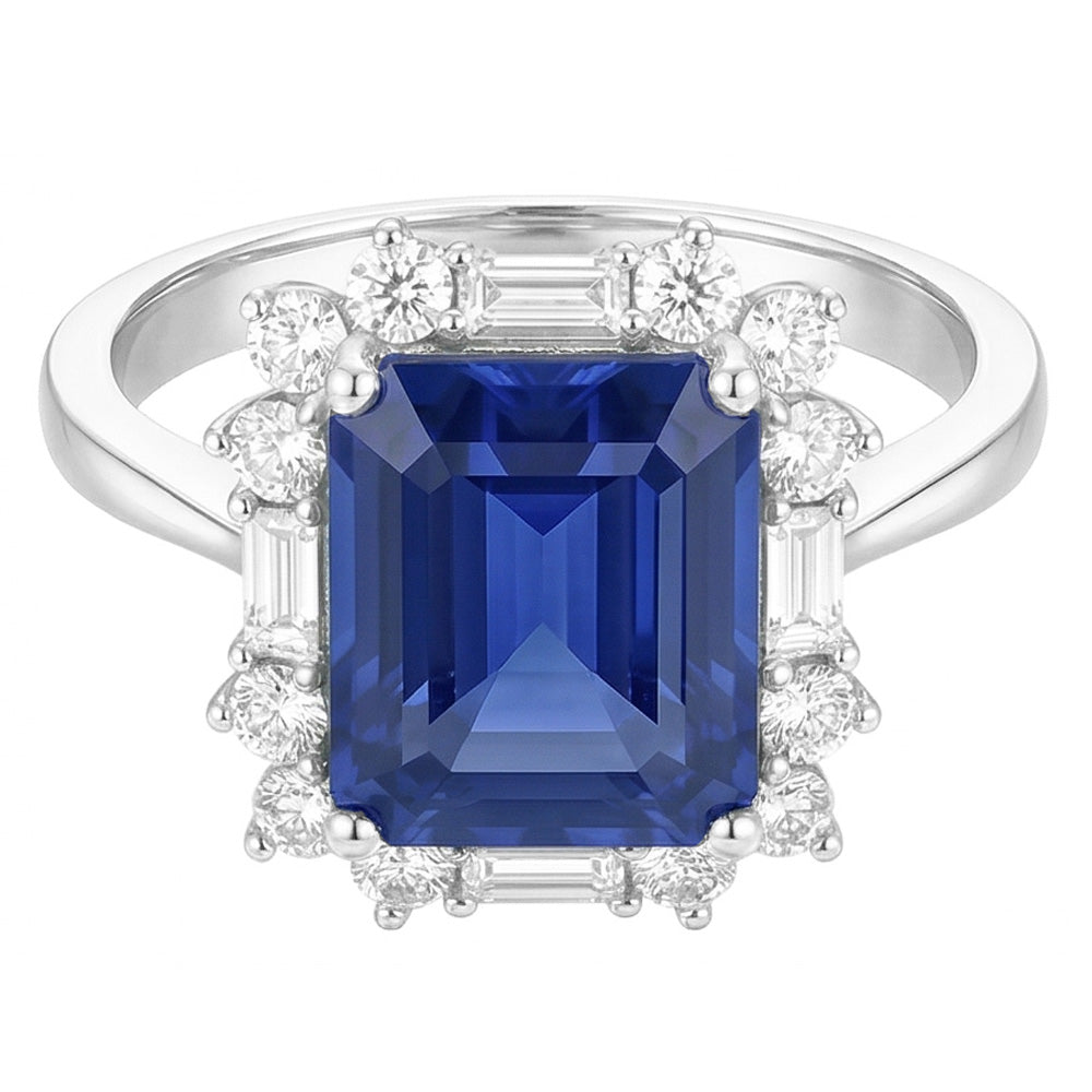 Halo Emerald Blue Sapphire Ring Round & Baguette Natural Earth Mined Diamonds 3.50 Carats