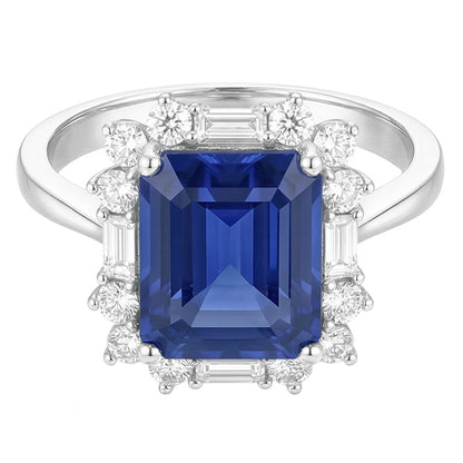 Halo Emerald Blue Sapphire Ring Round & Baguette Natural Earth Mined Diamonds 3.50 Carats