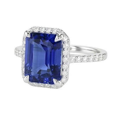 Halo Emerald Ceylon Sapphire Ring Prong Set Natural Earth Mined Diamonds 4.50 Carats