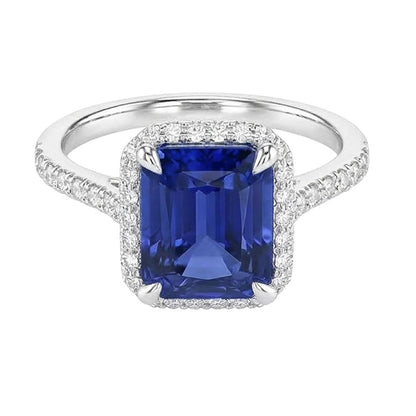 Halo Emerald Ceylon Sapphire Ring Prong Set Natural Earth Mined Diamonds 4.50 Carats