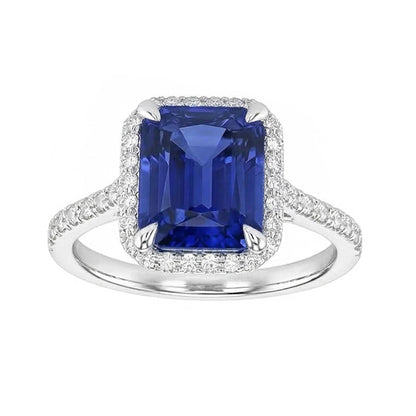 Halo Emerald Ceylon Sapphire Ring Prong Set Natural Earth Mined Diamonds 4.50 Carats