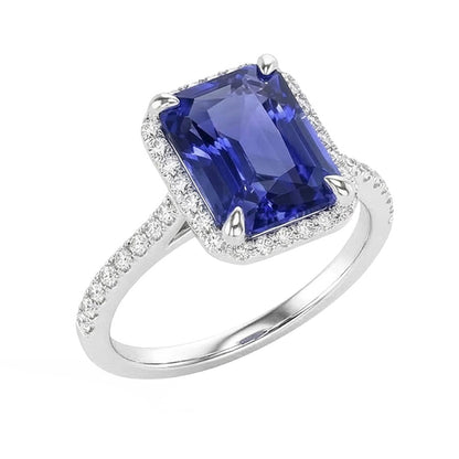 Halo Emerald Ceylon Sapphire Ring Prong Set Natural Earth Mined Diamonds 4.50 Carats