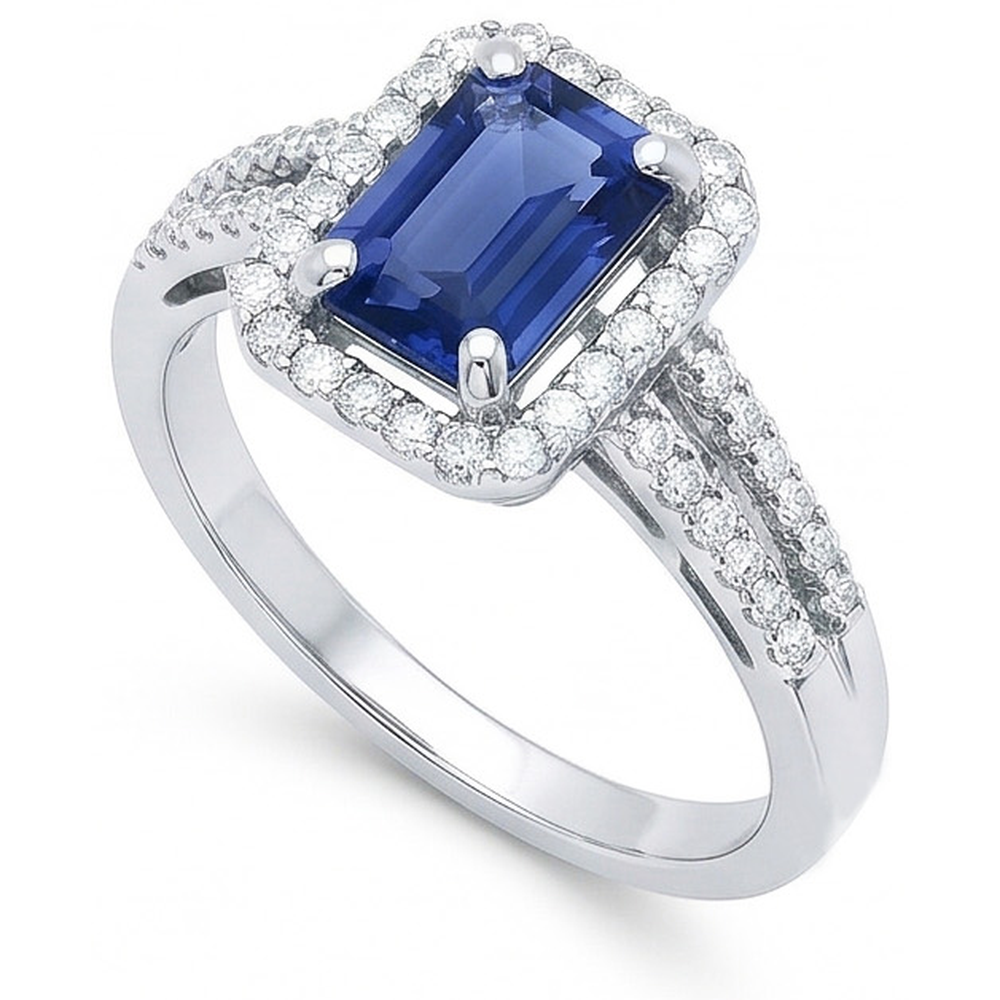 Halo Emerald Cut Ceylon Sapphire Ring Split Shank Natural Earth Mined Diamond 4 Carats