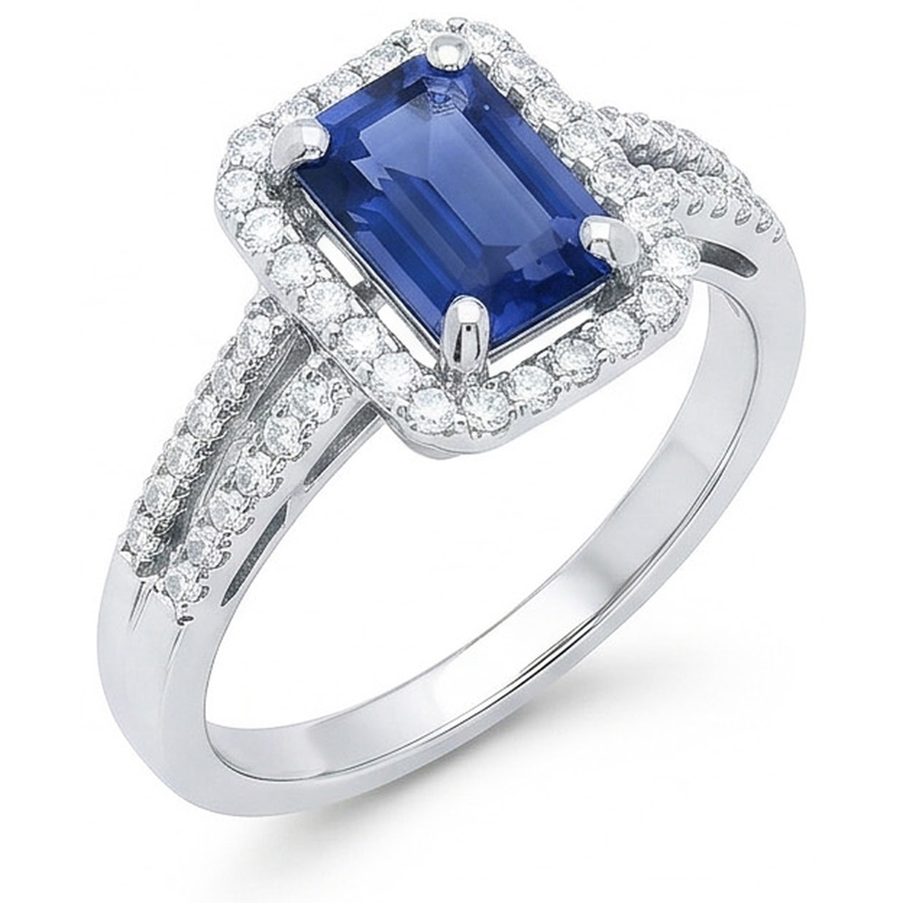 Halo Emerald Cut Ceylon Sapphire Ring Split Shank Natural Earth Mined Diamond 4 Carats