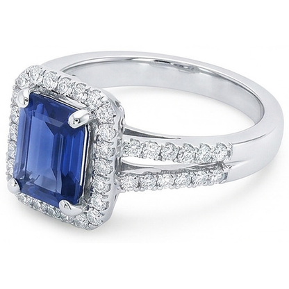 Halo Emerald Cut Ceylon Sapphire Ring Split Shank Natural Earth Mined Diamond 4 Carats