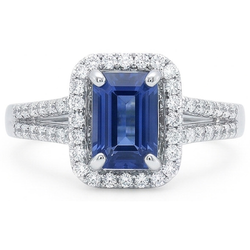 Halo Emerald Cut Ceylon Sapphire Ring Split Shank Natural Earth Mined Diamond 4 Carats