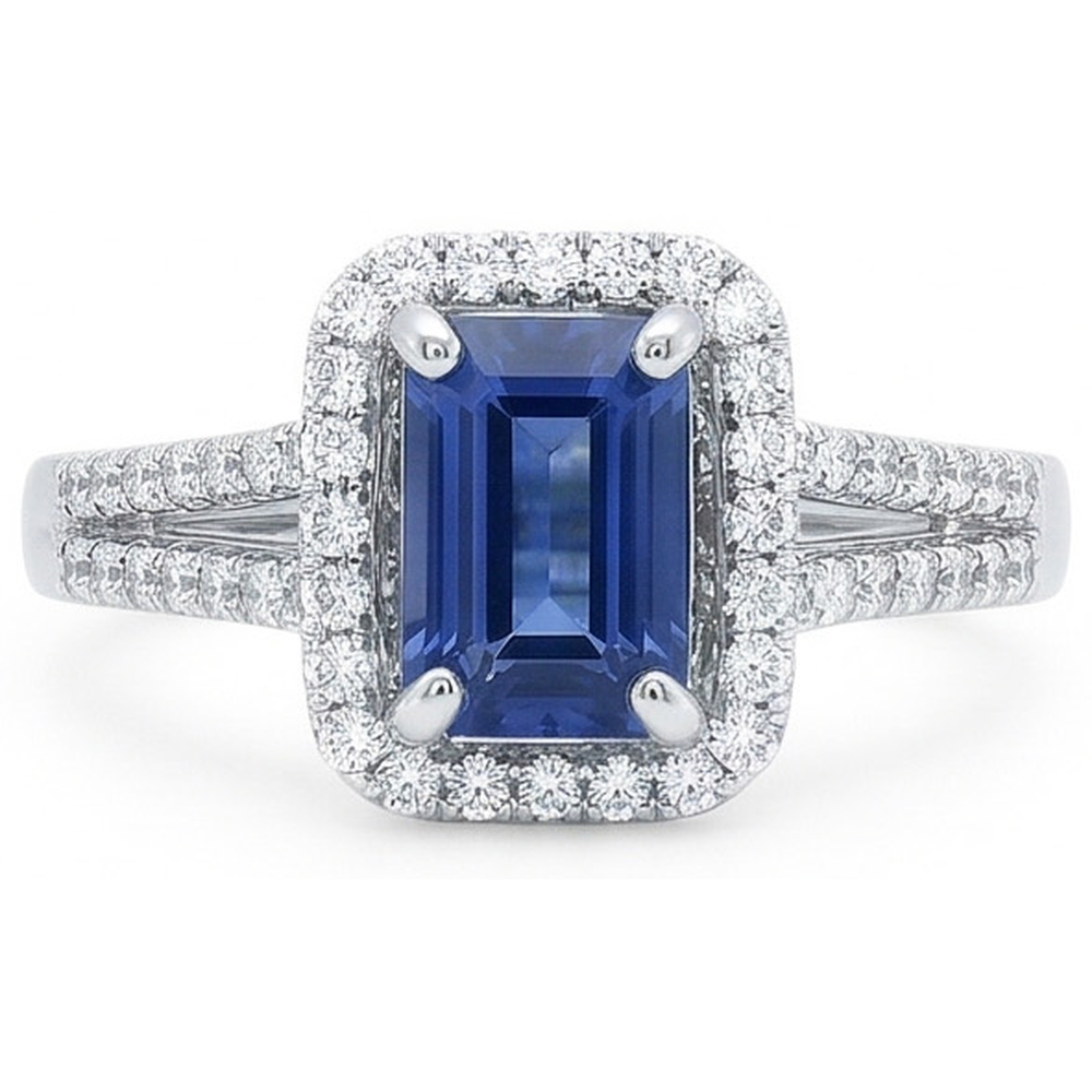 Halo Emerald Cut Ceylon Sapphire Ring Split Shank Natural Earth Mined Diamond 4 Carats