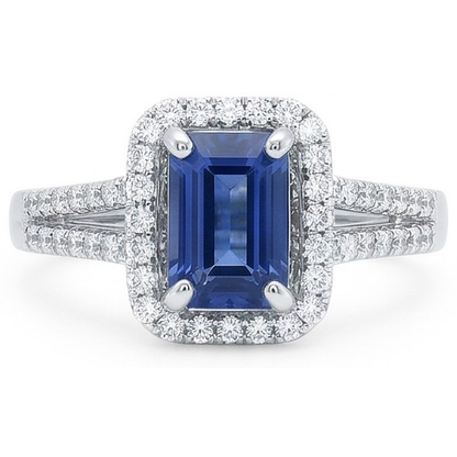 Halo Emerald Cut Ceylon Sapphire Ring Split Shank Natural Earth Mined Diamond 4 Carats
