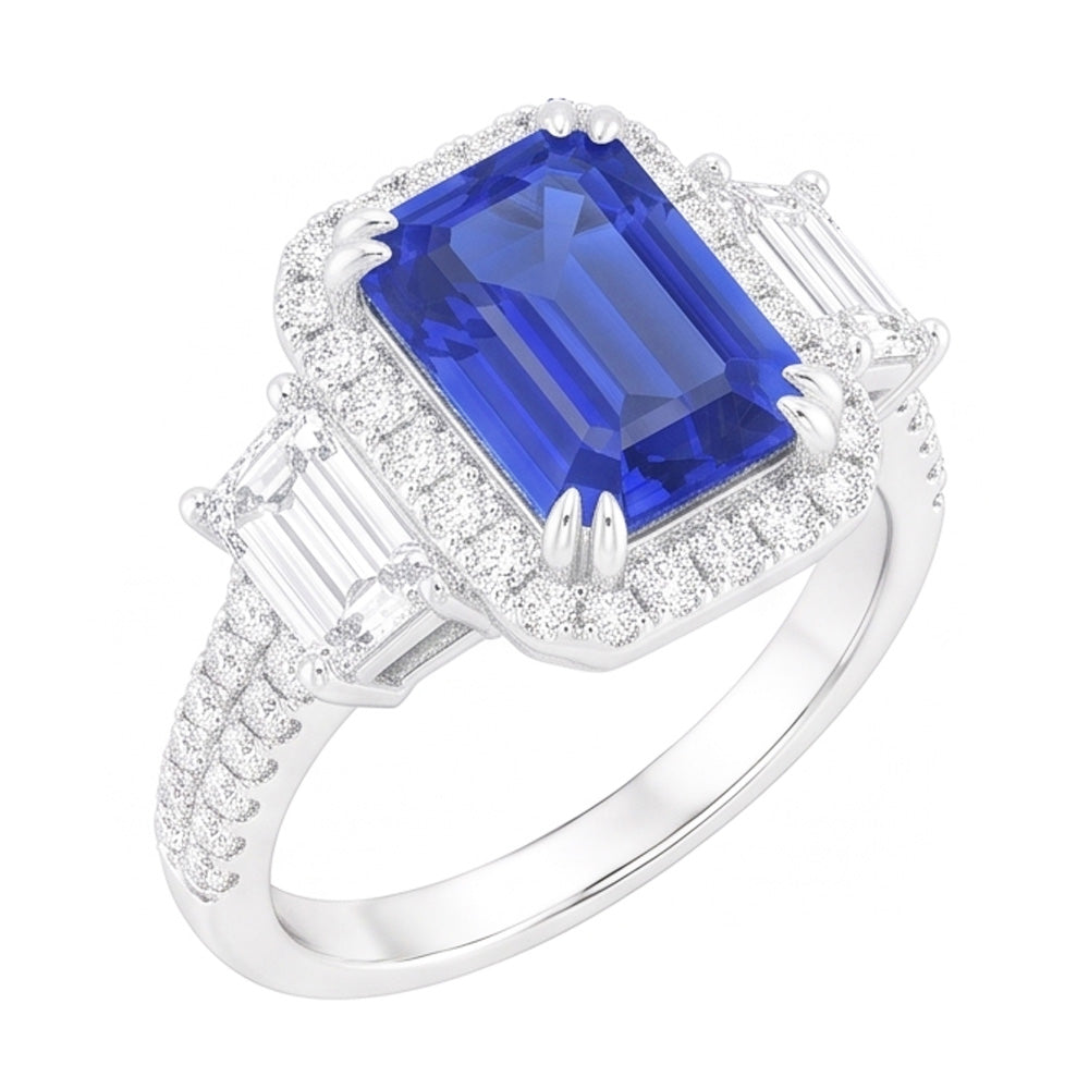 Halo Emerald Natural Earth Mined Diamond & Ceylon Sapphire Ring 3.50 Carats With Accents