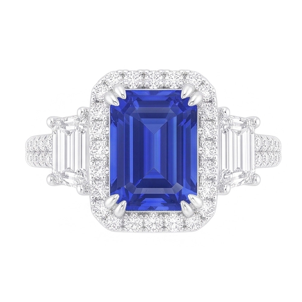 Halo Emerald Natural Earth Mined Diamond & Ceylon Sapphire Ring 3.50 Carats With Accents