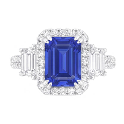 Halo Emerald Natural Earth Mined Diamond & Ceylon Sapphire Ring 3.50 Carats With Accents