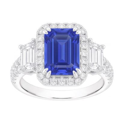 Halo Emerald Natural Earth Mined Diamond & Ceylon Sapphire Ring 3.50 Carats With Accents