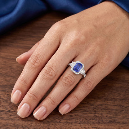 Halo Emerald Natural Earth Mined Diamond & Ceylon Sapphire Ring 3.50 Carats With Accents