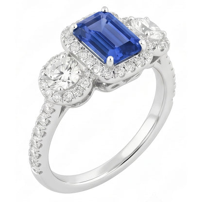 Halo Emerald Sapphire Ring 4.50 Carats Round Natural Earth Mined Diamond Gold Jewelry
