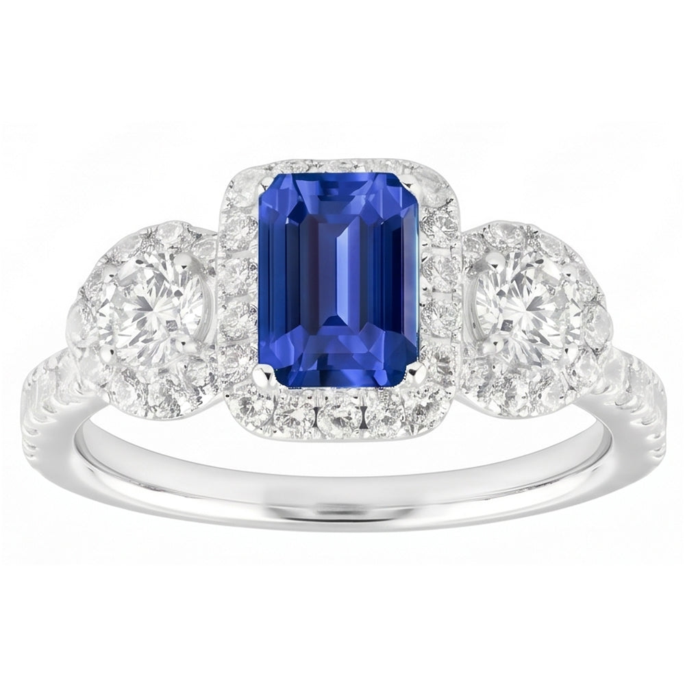Halo Emerald Sapphire Ring 4.50 Carats Round Natural Earth Mined Diamond Gold Jewelry