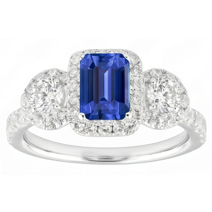 Halo Emerald Sapphire Ring 4.50 Carats Round Natural Earth Mined Diamond Gold Jewelry