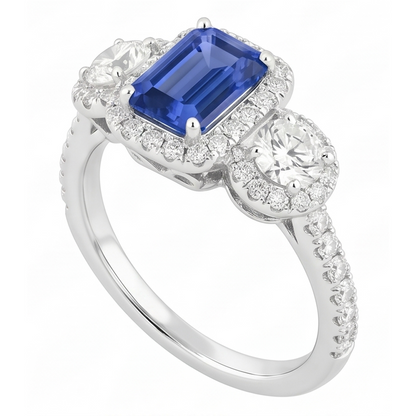 Halo Emerald Sapphire Ring 4.50 Carats Round Natural Earth Mined Diamond Gold Jewelry