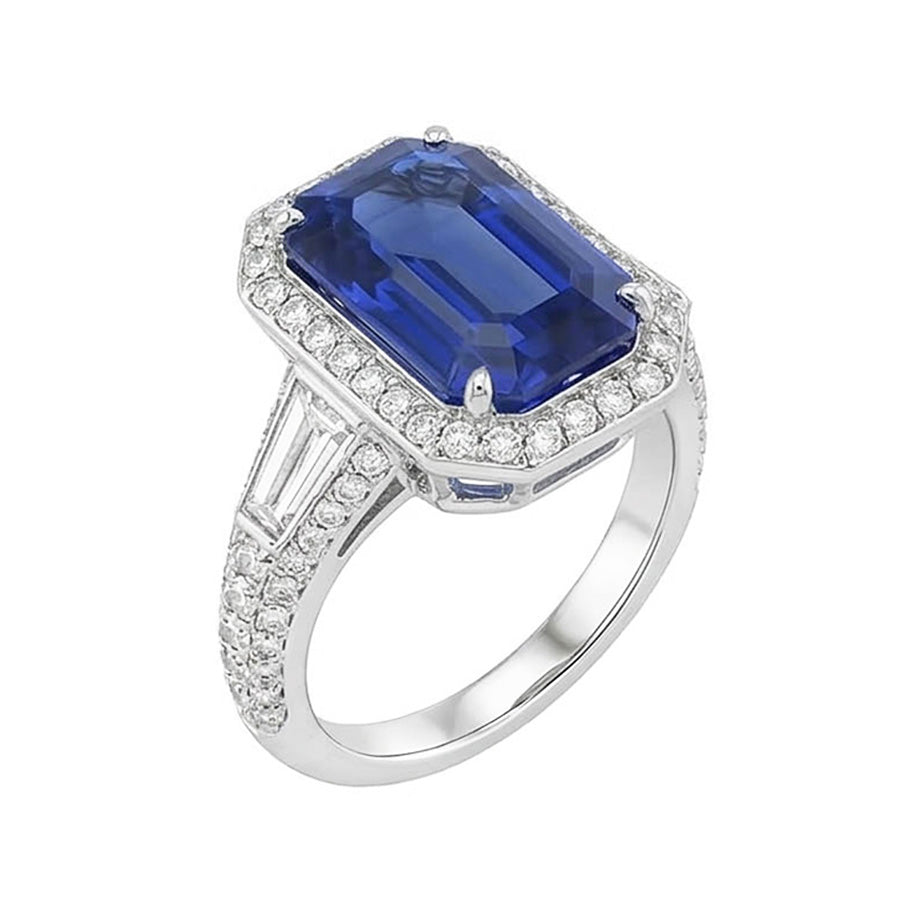 Halo Emerald Sapphire Ring With Round & Baguette Natural Earth Mined Diamonds 4 Carats