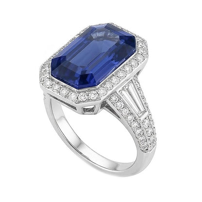 Halo Emerald Sapphire Ring With Round & Baguette Natural Earth Mined Diamonds 4 Carats